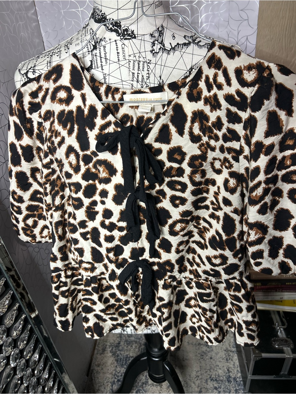 Leopard Print Tie-Front Peplum Top - Cream/Black/Brown